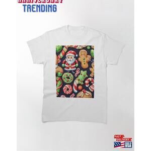 Watercolor Christmas Pattern In Black Background Papa Noel Holly Jolly Tshirt